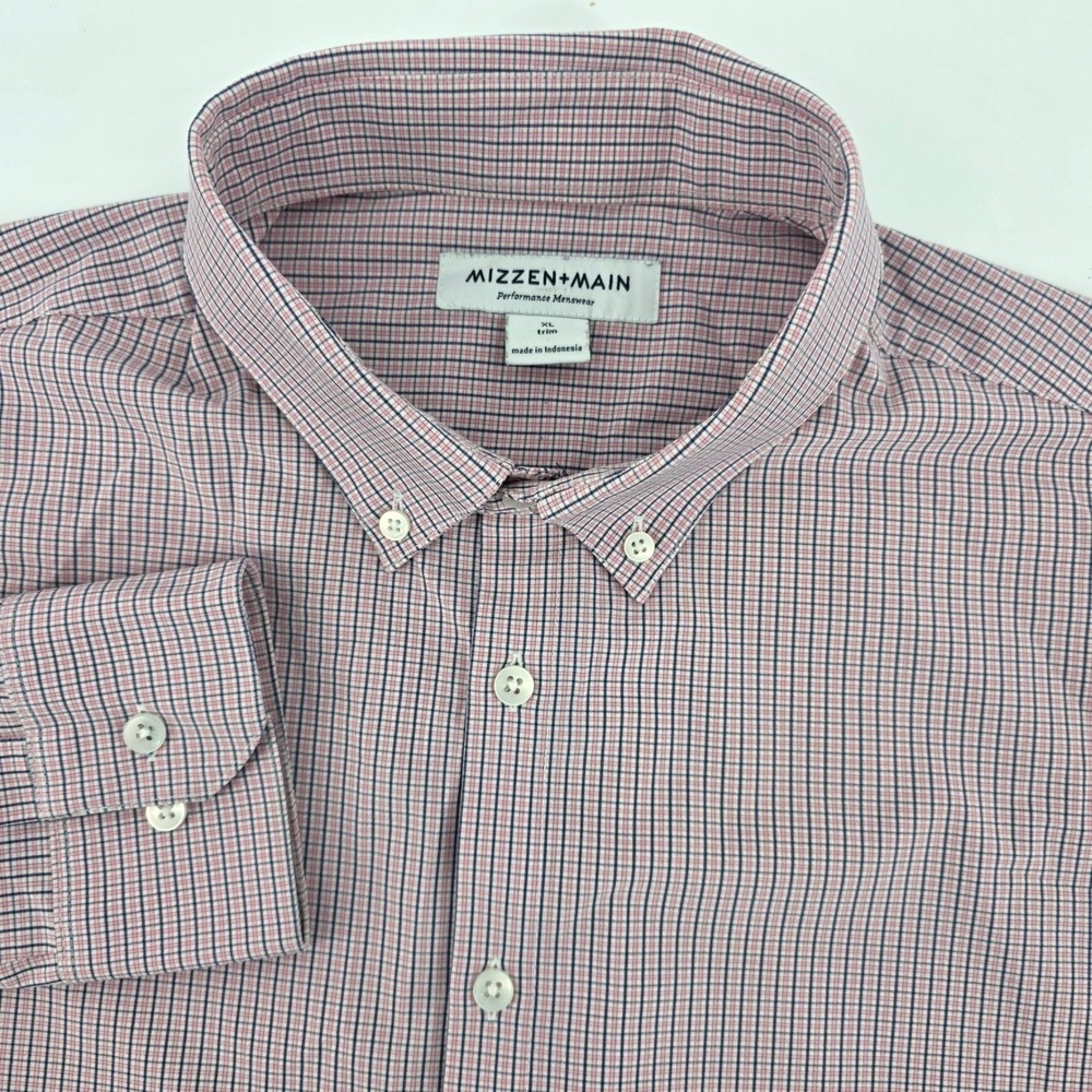 Mizzen+Main Performance Mens XL Trim Fit Pink Blue Check Button Down Shirt